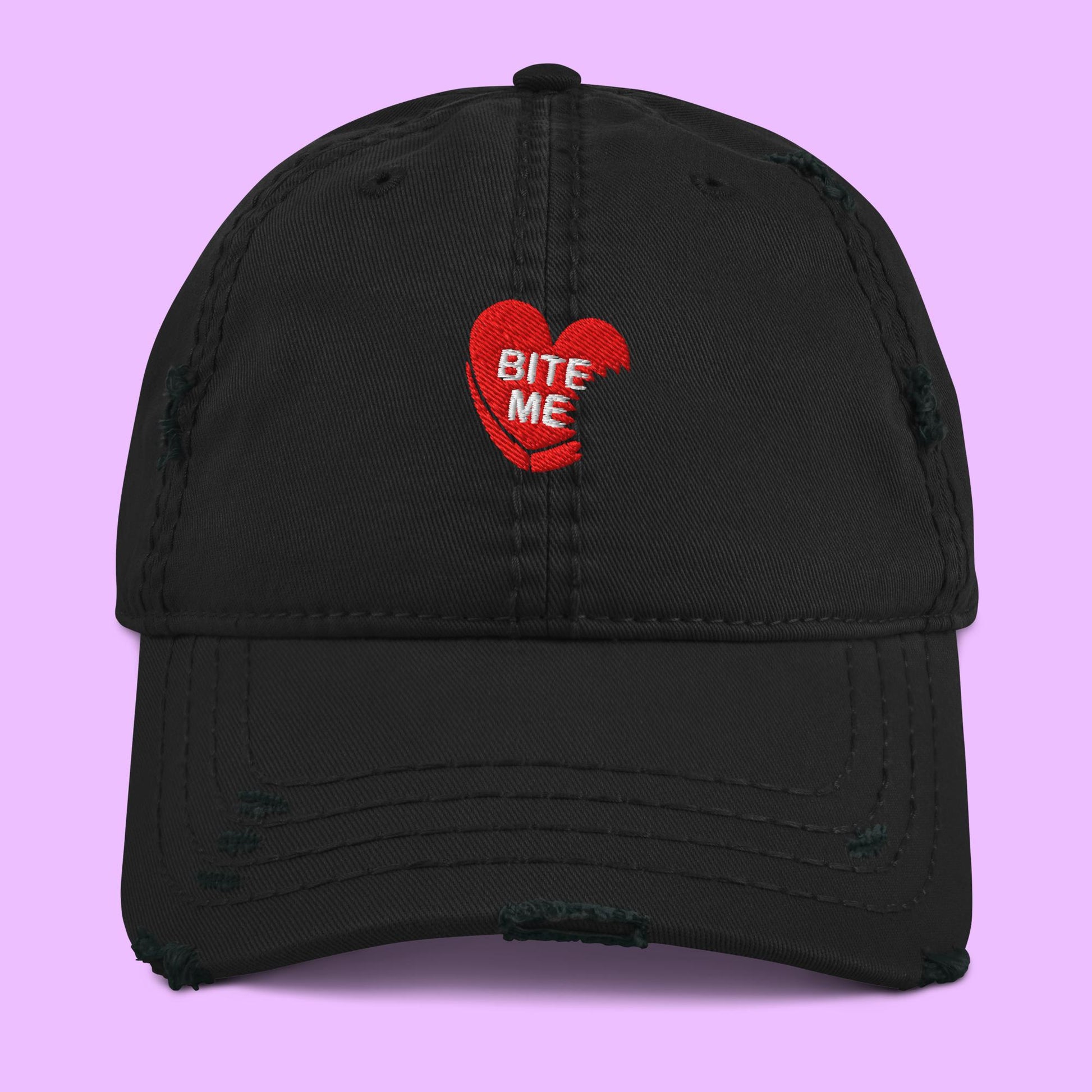 BITE ME DISTRESSED DAD HAT - (LIMITED) - Premium  from APEX | Streetwear - Just $29! Shop now at APEX | Streetwear